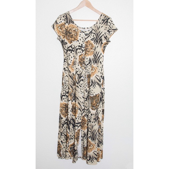 Vintage La Fete Ribbed Button Front Midi A-Line Dress with Lion and Tiger Print - Picture 2 of 5